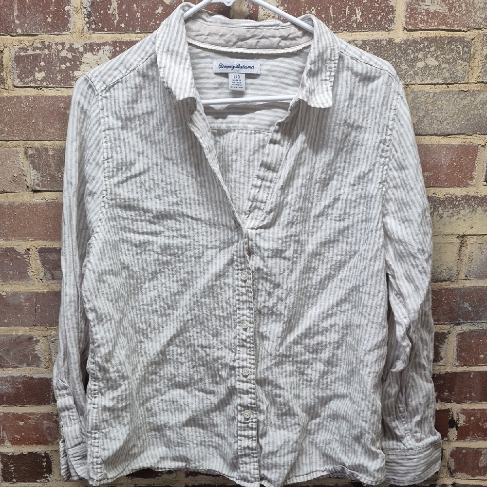 Tommy Bahama Women's Button Down Shirt LARGE White Tan Striped
